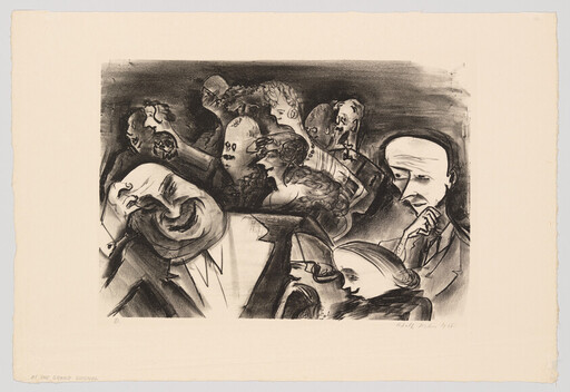 A crowded audience with exaggerated, emotional faces reacting to a performance.