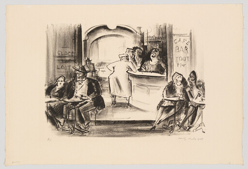 People sit at small tables while a woman leans on the counter talking to the bartender.