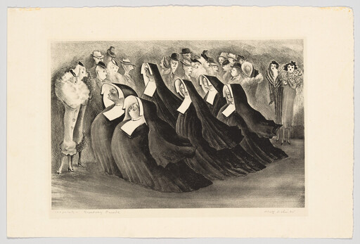 A procession of nuns in black habits walks past onlookers wearing hats and coats.
