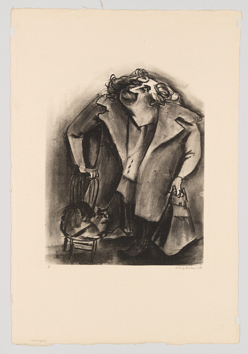 Stout person in heavy coat leans over a small chair holding a handbag and looking down.