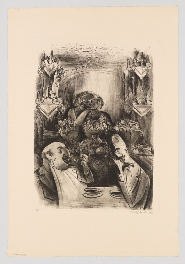 Two men eagerly eat at a table while a woman behind them watches among bouquets.