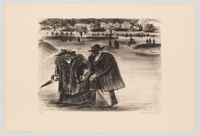 An elderly man supports a bundled woman as they walk near a park fountain.