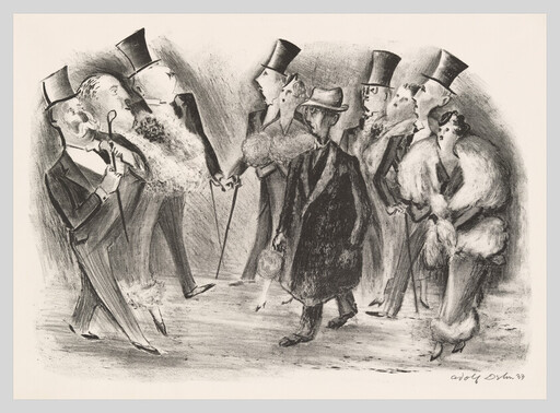 A modestly dressed man walks through a crowd of well-dressed people in top hats and furs.