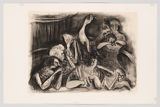 Five women in a theater box peer through opera glasses and react dramatically.