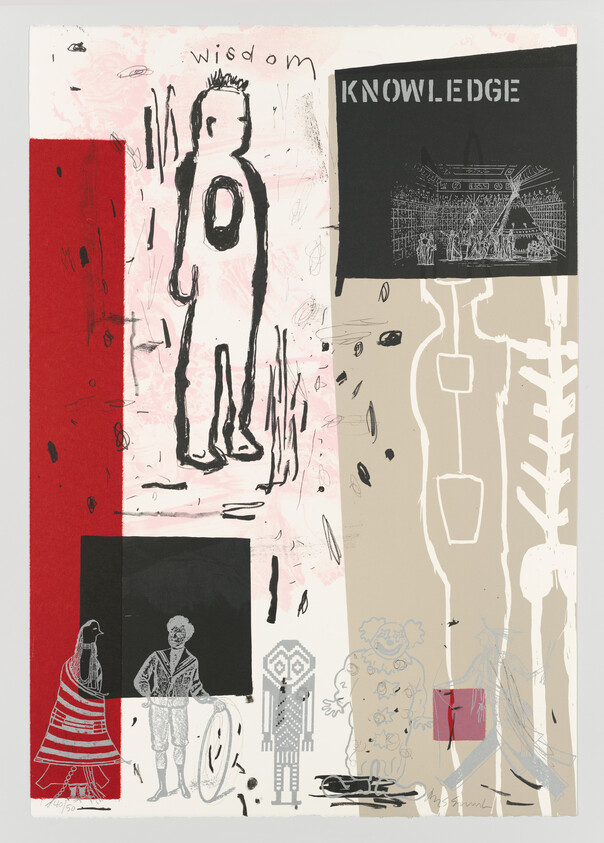 A collage showing a sketched human figure labeled wisdom beside a panel reading KNOWLEDGE.