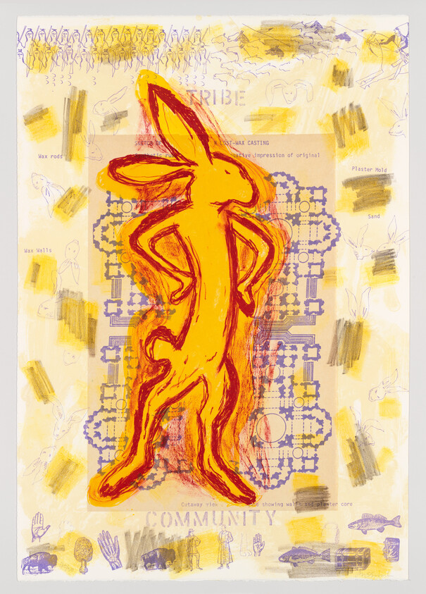 A bold orange rabbit figure stands upright with hands on hips against a patterned background.