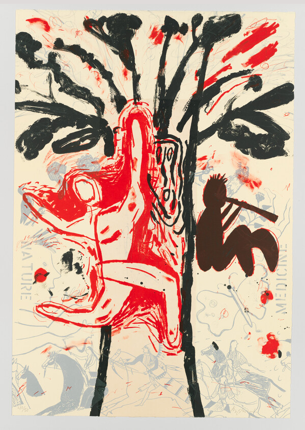 Two simplified figures, one red one brown, around a gestural tree and atop a background of beige with blue sketches.