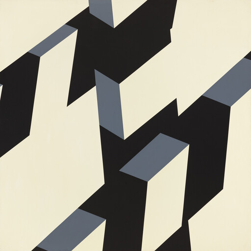 Interlocking black and cream geometric blocks with gray tops creating a repeating three-dimensional pattern.