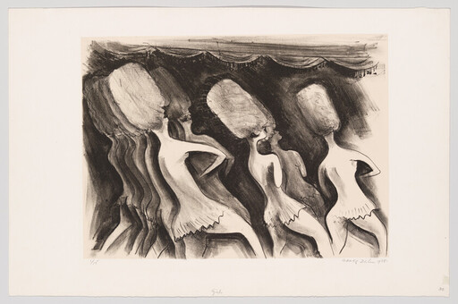 Four stylized female figures with elongated heads perform a synchronized dance on a stage.