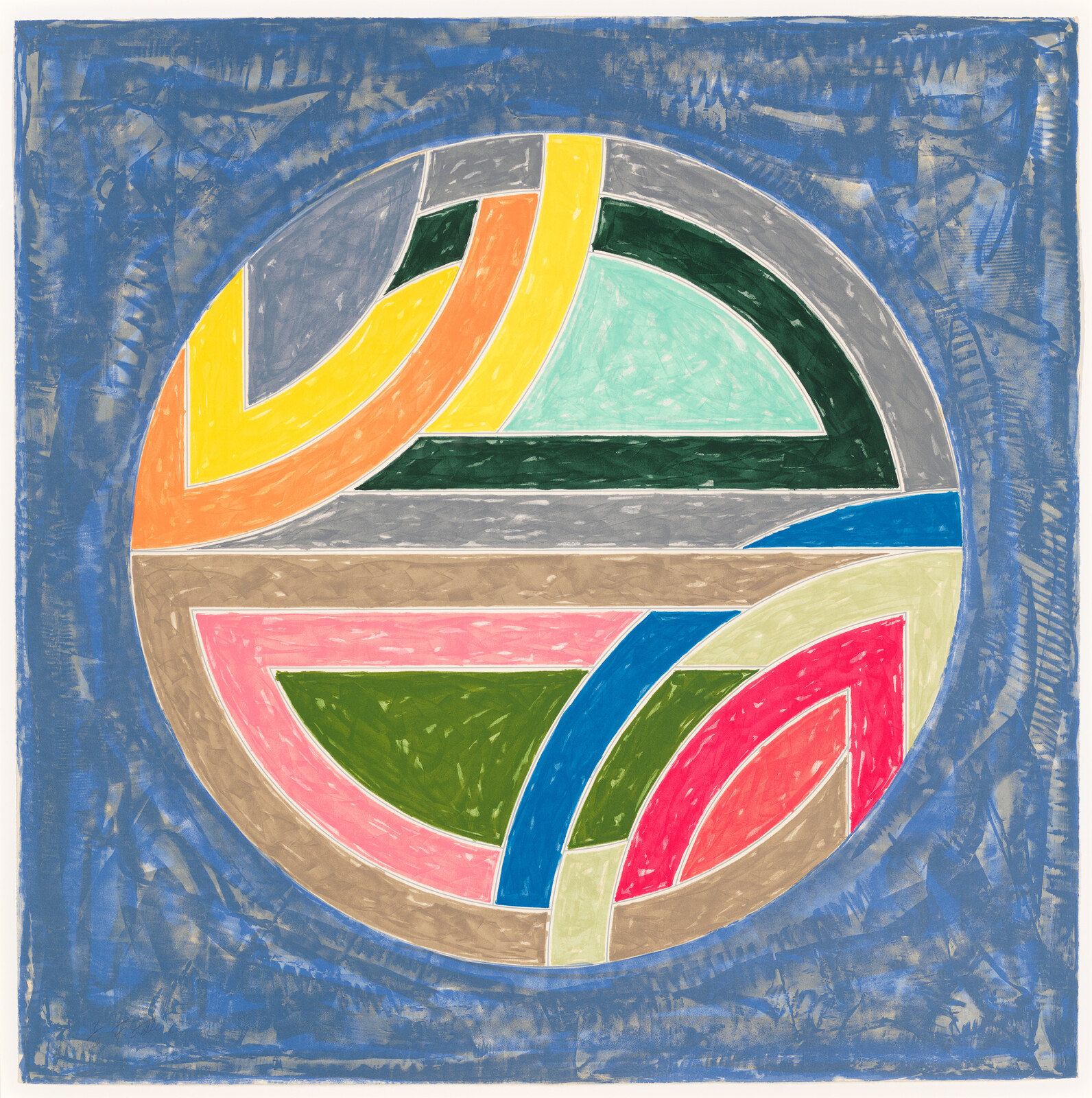 A circular abstract painting with colorful curved geometric shapes on a textured blue background.