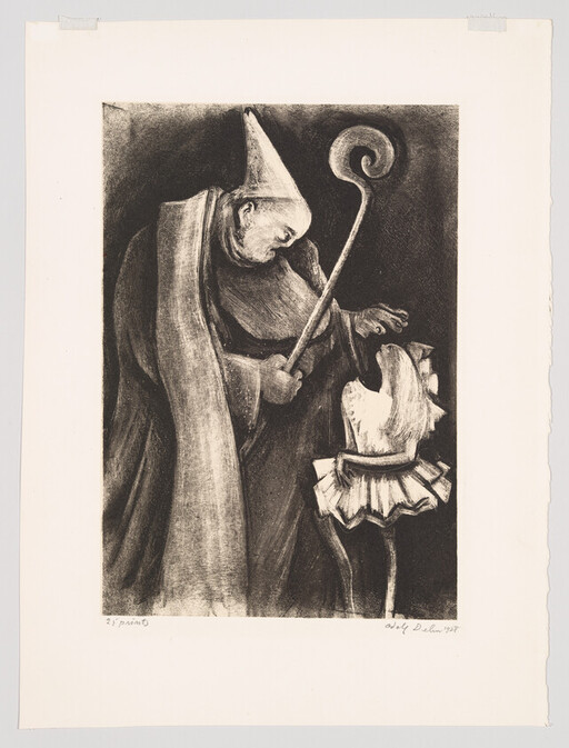 A robed cleric with a crozier bends toward a small ruffled-collar puppet.