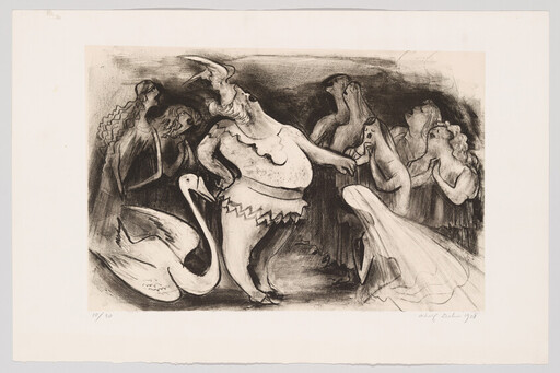 A horned, theatrical dancer performs before a group of astonished women while a swan watches.
