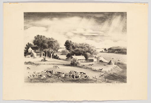 Cows graze in a fenced pasture near a farmhouse and barns under a cloudy sky.