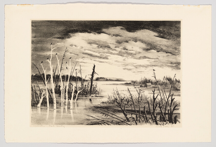 Leafless trees and stubbly marsh plants surround a calm river under a cloudy sky.