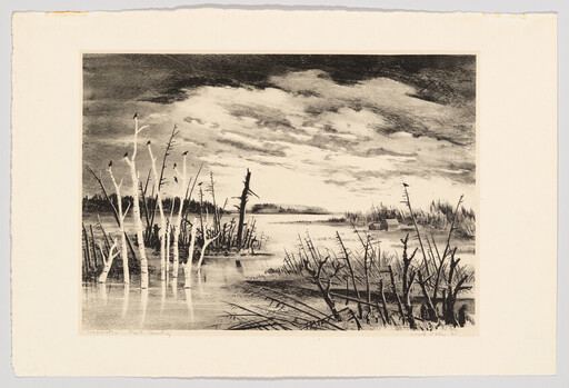Leafless trees and stubbly marsh plants surround a calm river under a cloudy sky.