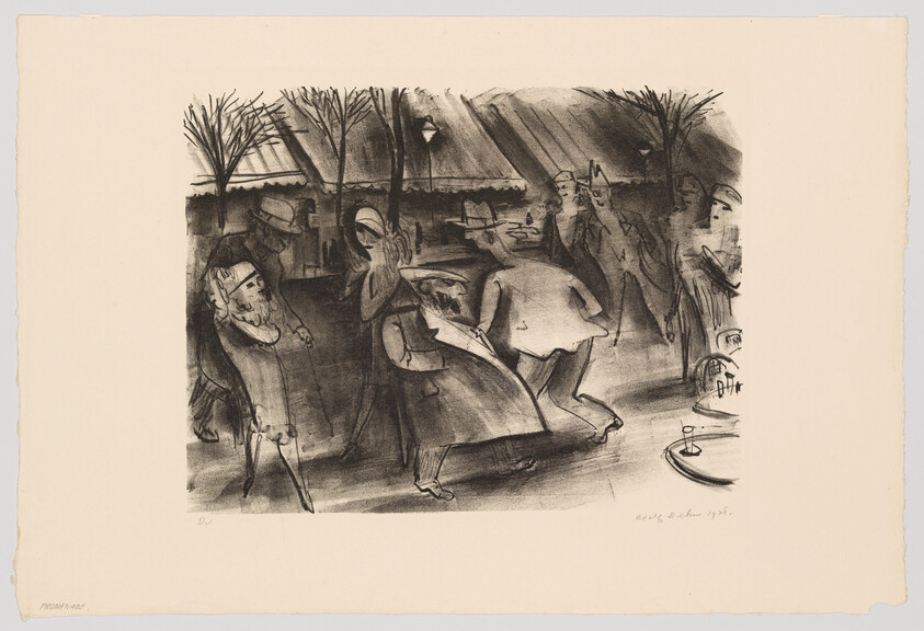 A lively night scene of couples dancing and socializing on a city street near cafés.