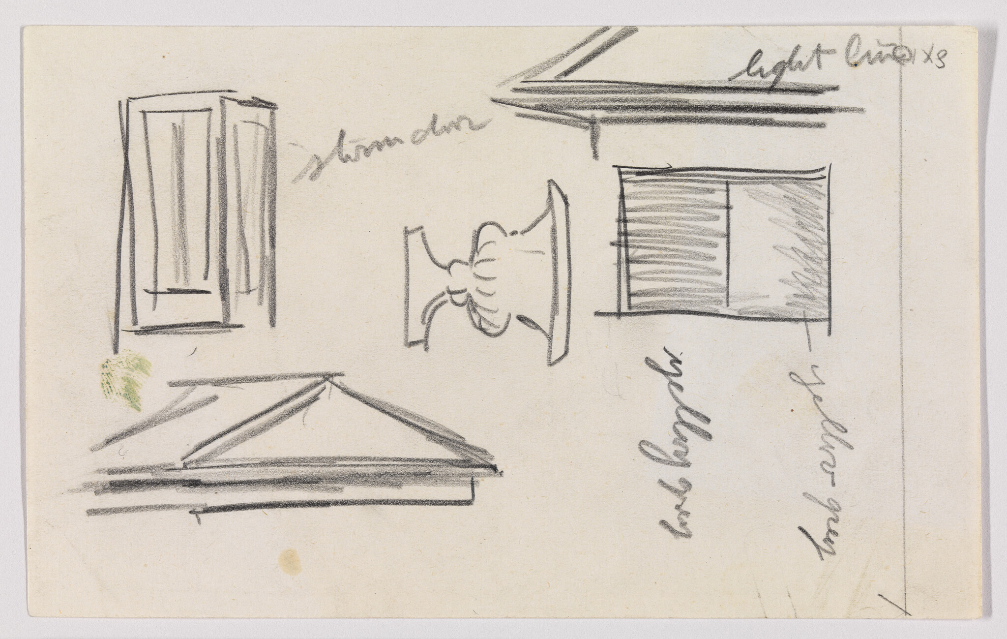 Several quick pencil architectural sketches showing a window, cornice, pediment, and decorative bracket.