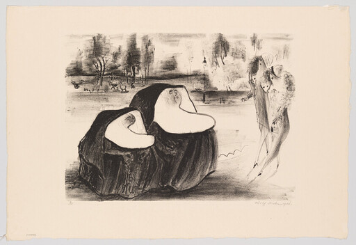 Two cloaked figures sit together while two slender figures approach in a foggy landscape.