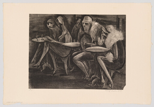 Several women in 1920s-style clothing sit at small cafe tables, holding cups and looking forward.