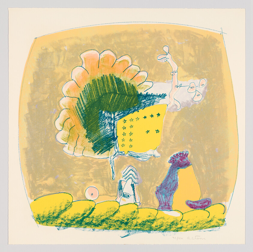 Abstract still life with a large flower-like shape, yellow panel with stars, and small objects.
