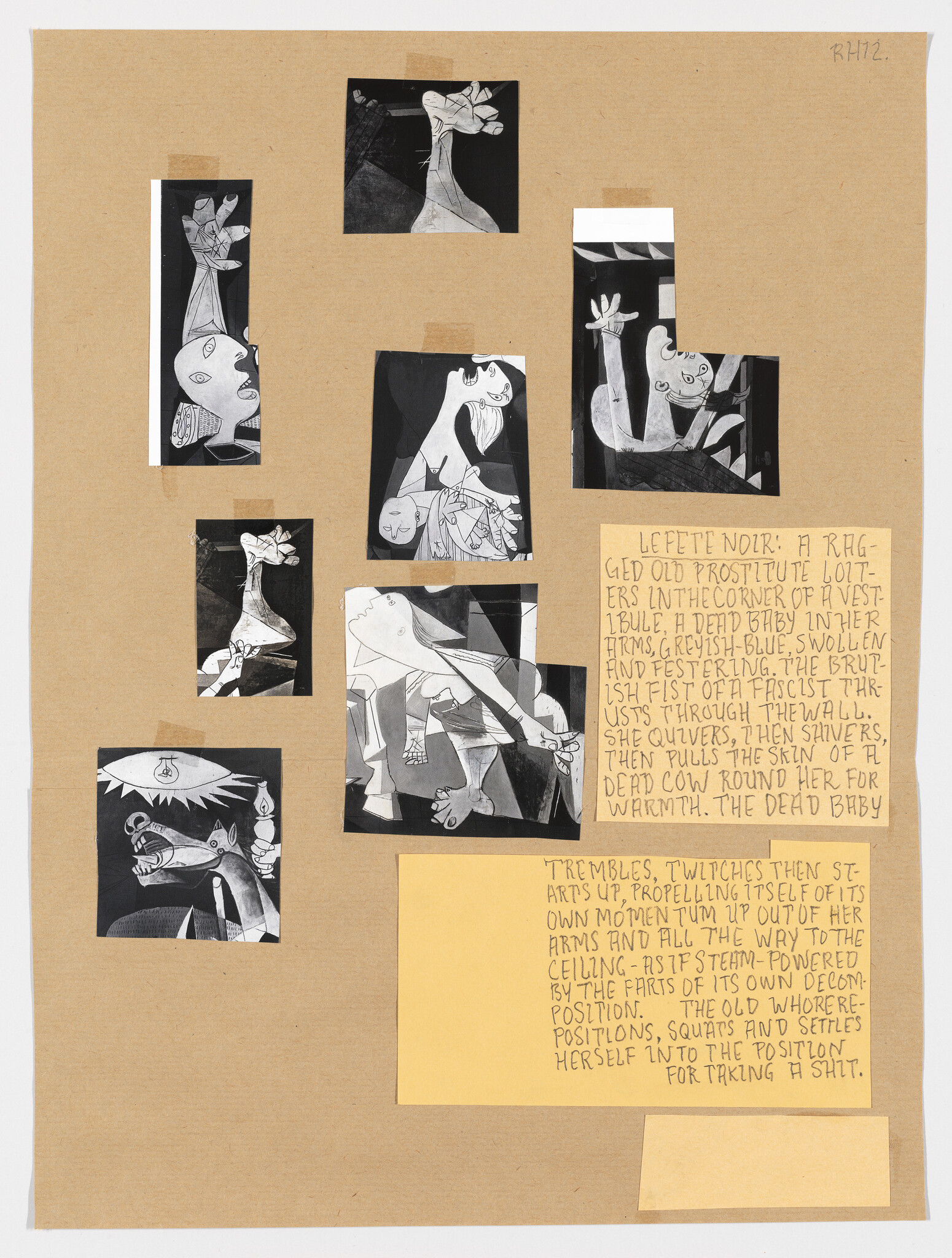 Collage of small black-and-white cubist sketches arranged around two handwritten text panels on brown paper.