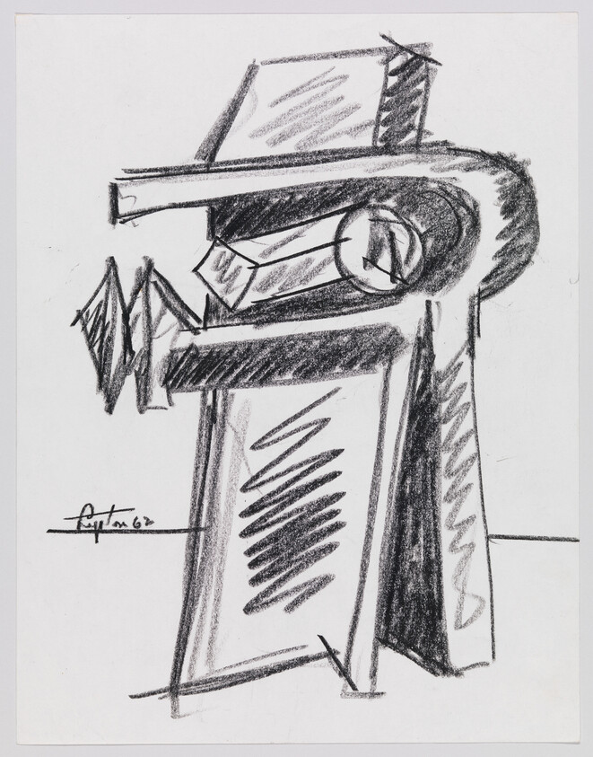 Charcoal sketch of a tall industrial press machine with angular, geometric parts.