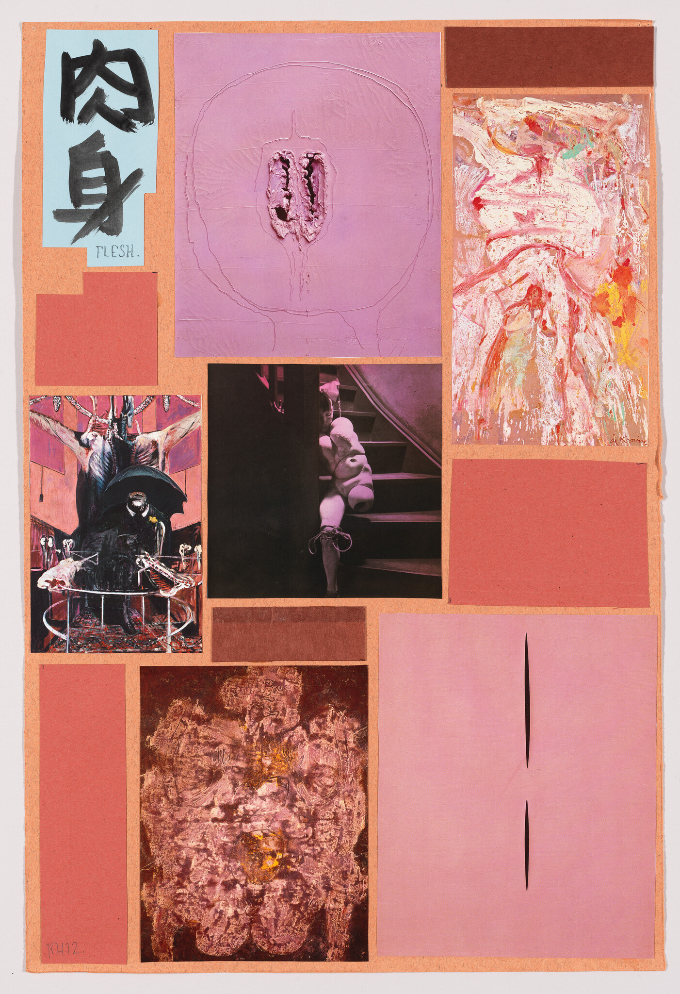 A collage featuring a variety of images and textures, including a calligraphic character with the English translation "FLESH" below it, a central image with a pink background and a textured, darker pink oval with a vertical slit, an abstract painting with swirls of pink and white, a photograph of a person in a dark setting with a dramatic pose, another photograph of a figure ascending stairs, and a textured brown and gold abstract piece. The collage is bordered by different shades of red and pink paper, with the initials "KH2" in the bottom left corner.