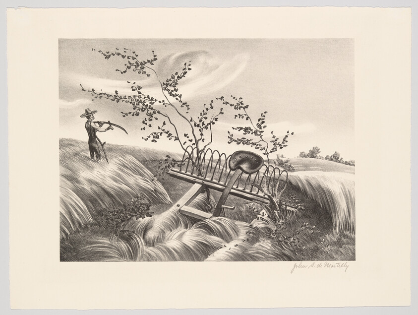 A farmer cuts tall grass with a scythe beside a broken rake stuck across rushing water.