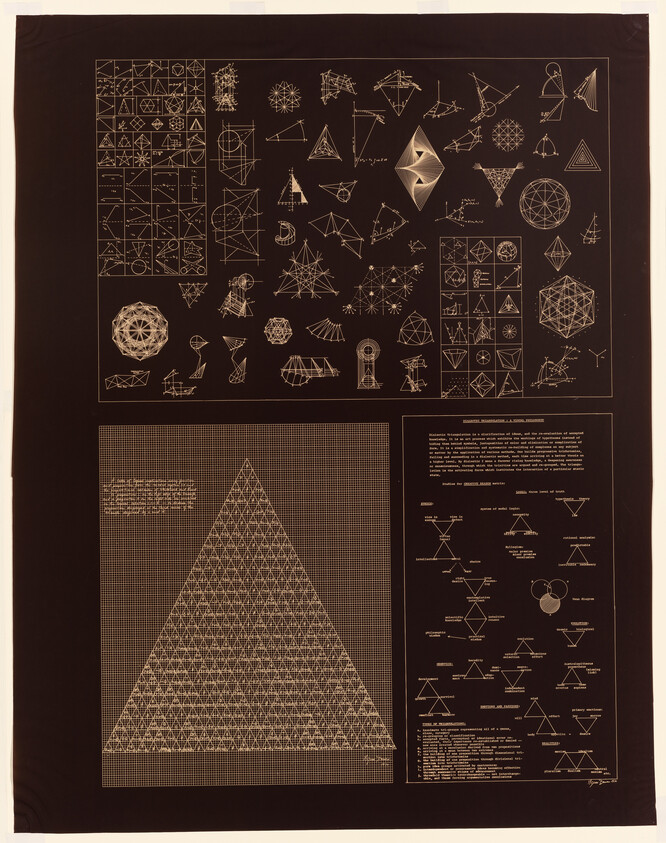 Large poster showing numerous geometric diagrams, triangular grid, and polyhedron constructions.