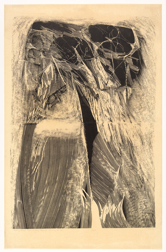 Tall textured abstract forms resembling tree trunks with dark knotted tops.