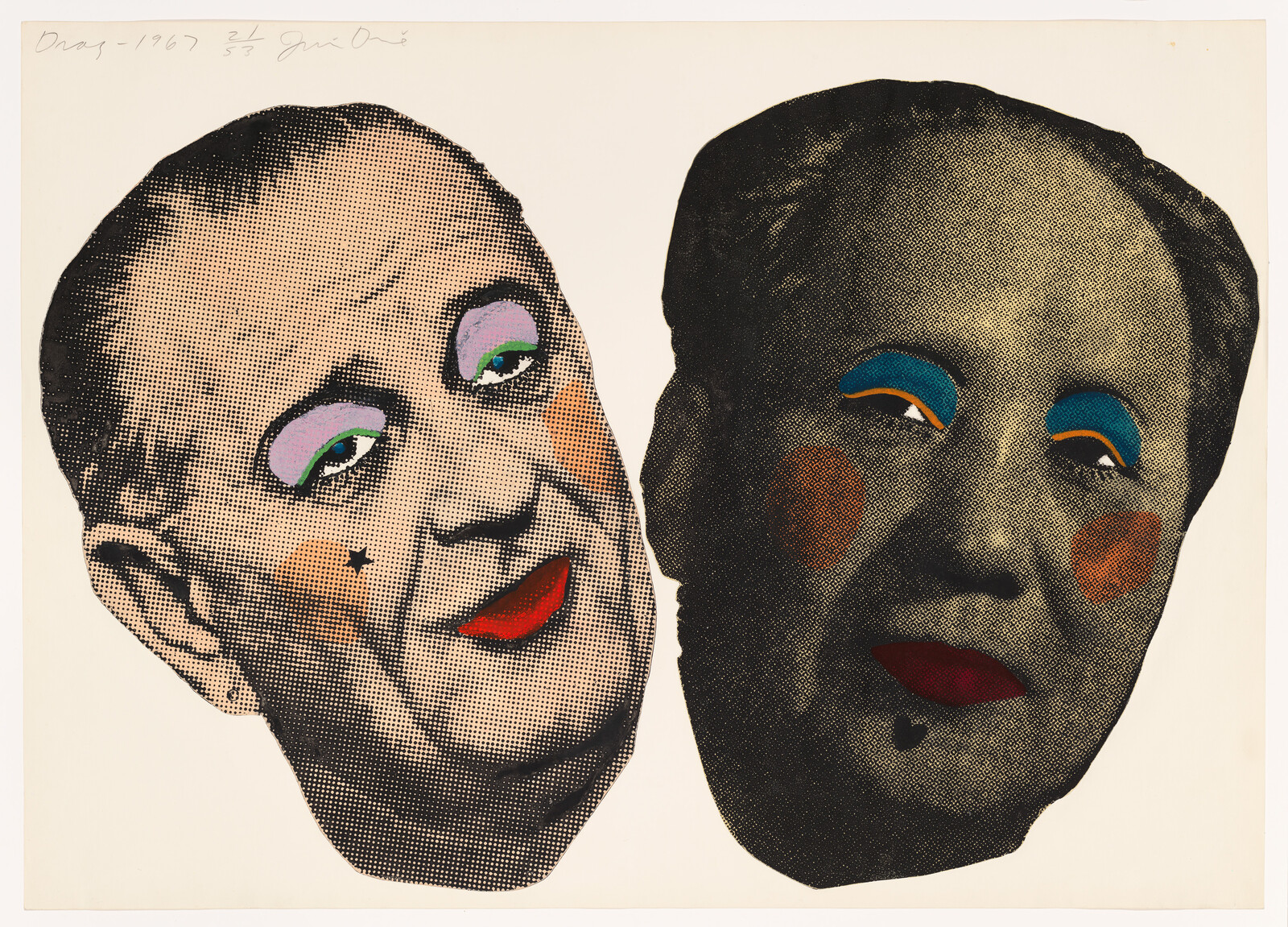 Two large halftone male faces with bright makeup, stars, and painted cheeks looking sideways.