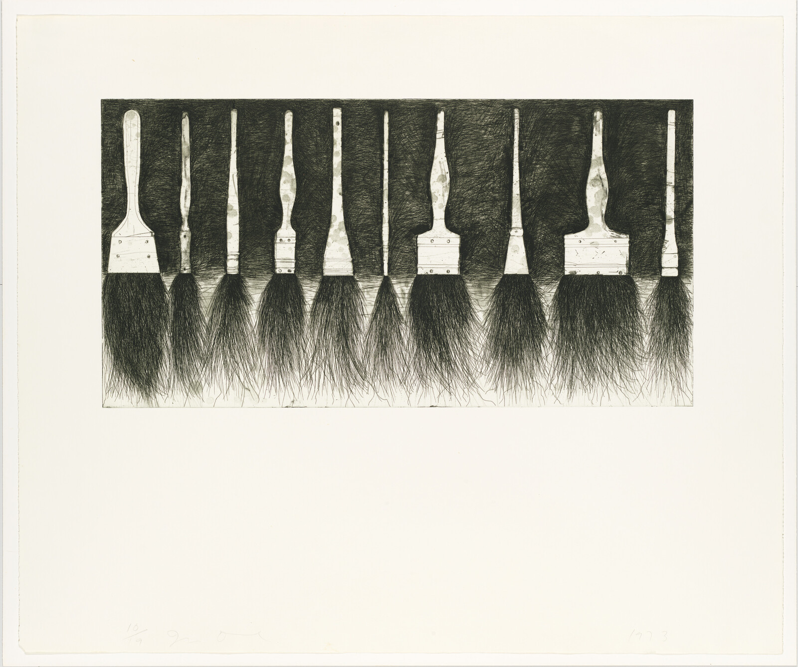 Ten paintbrushes hang upright in a row with frayed bristles against a dark background.