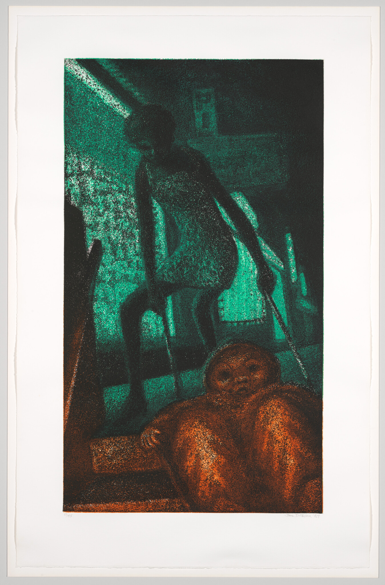 A dark green silhouette climbs stairs while a large brown doll or baby figure lies in the foreground.