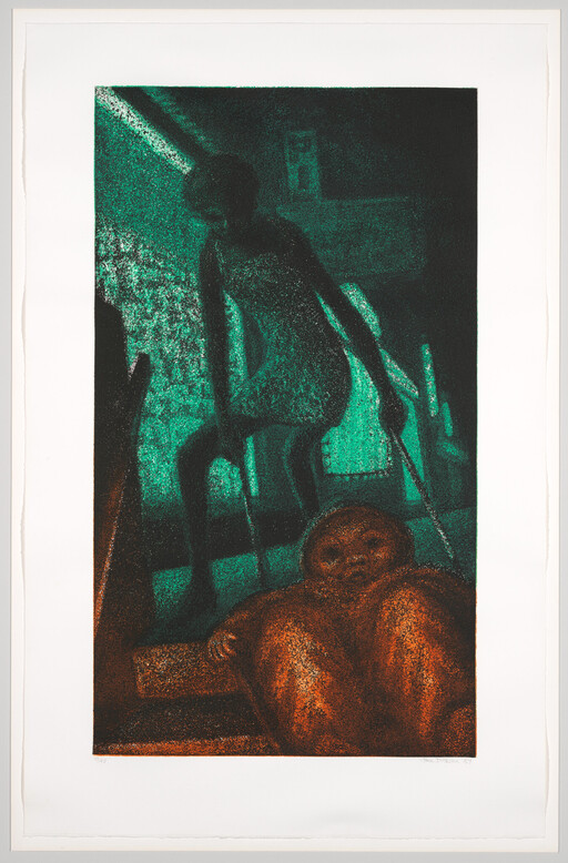 A dark green silhouette climbs stairs while a large brown doll or baby figure lies in the foreground.