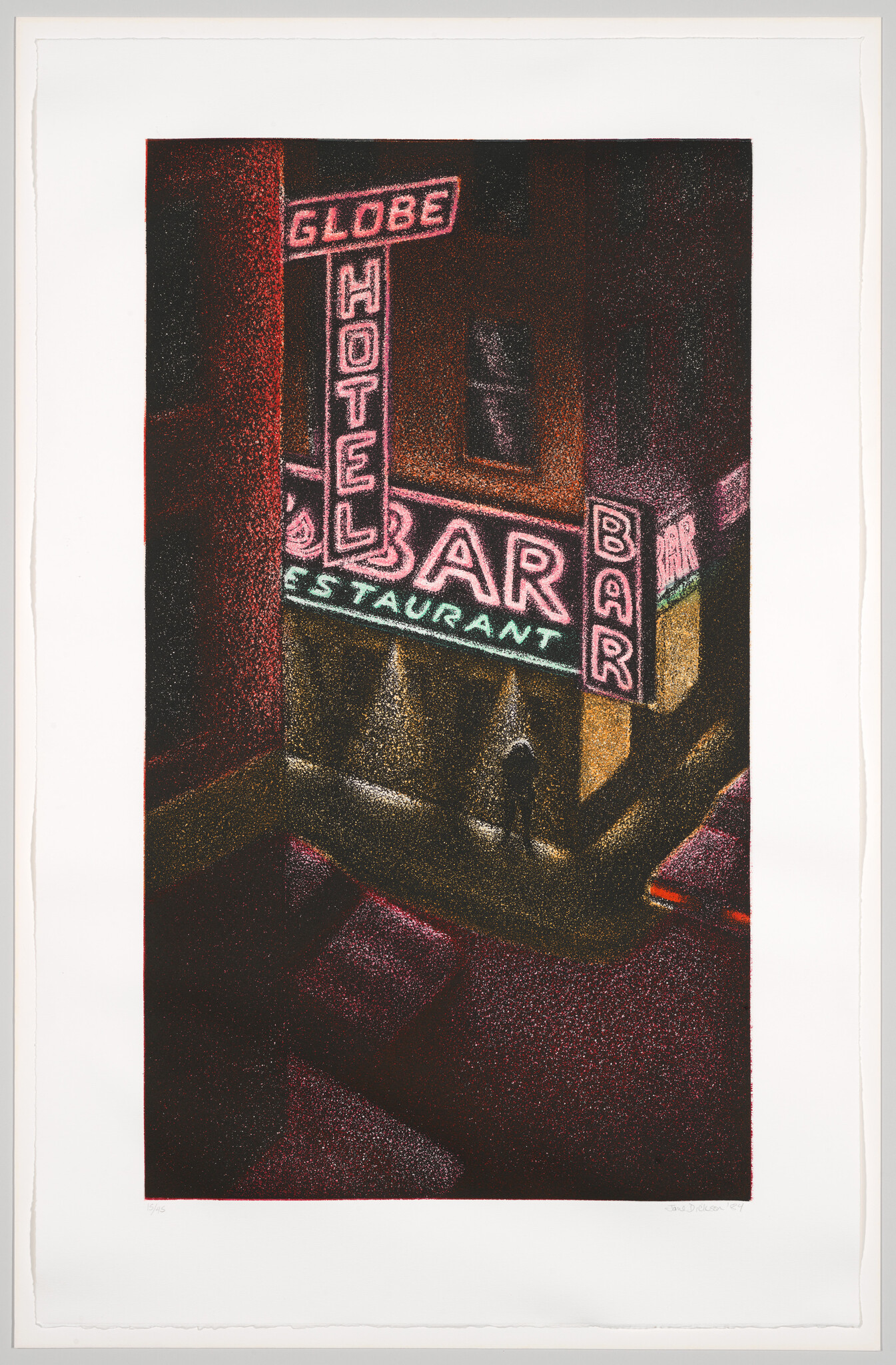 Neon hotel and bar signs light a dark street corner as a lone person walks beneath them.