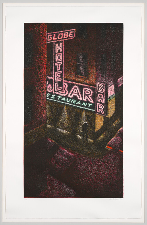 Neon hotel and bar signs light a dark street corner as a lone person walks beneath them.
