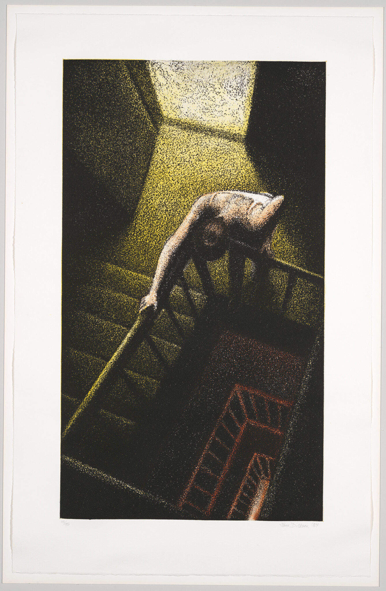 A person leans naked over a stair railing into a dark, downward-lit stairwell.