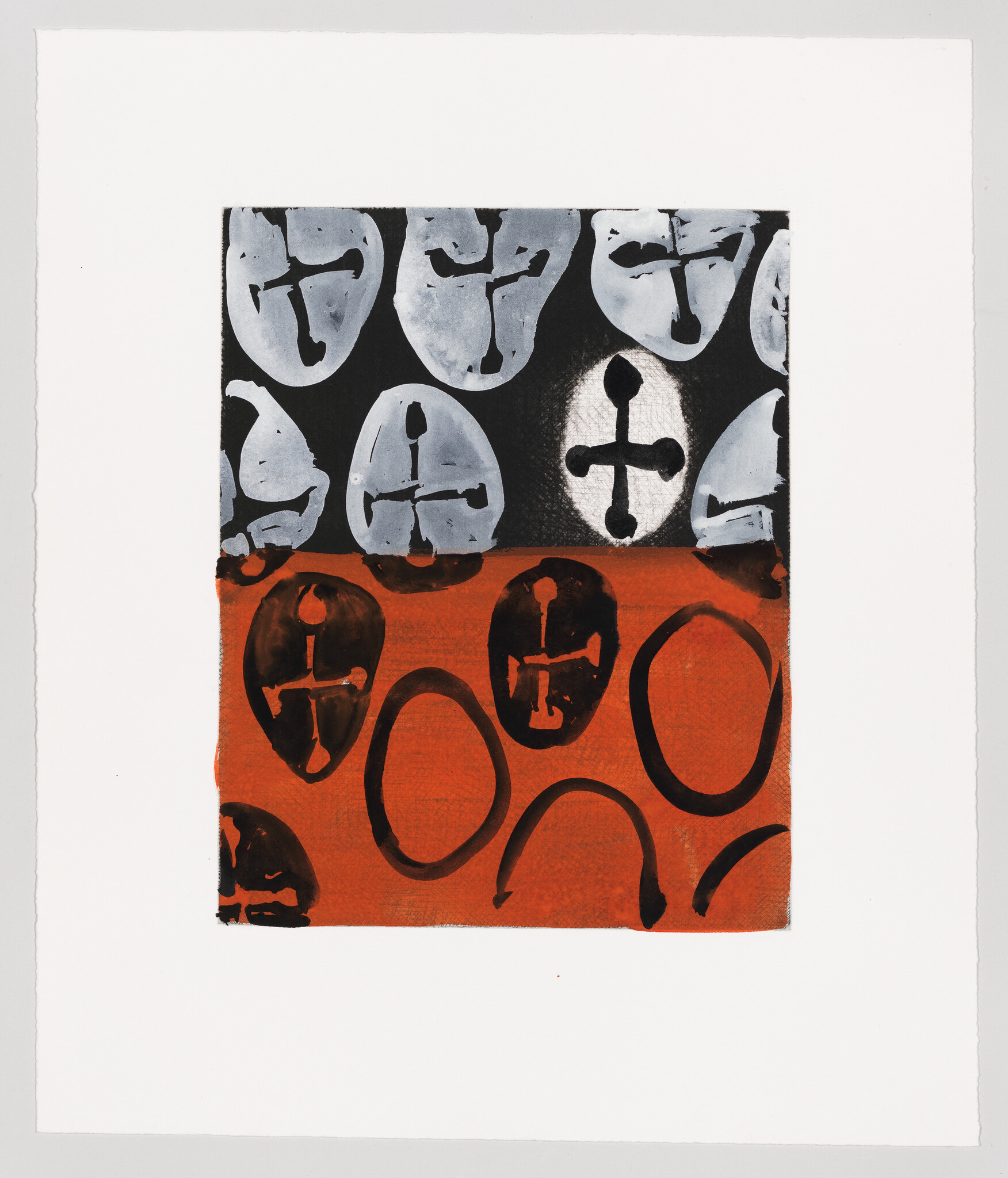 Grid of stylized mask shapes and cross marks arranged over black and rust-colored blocks.