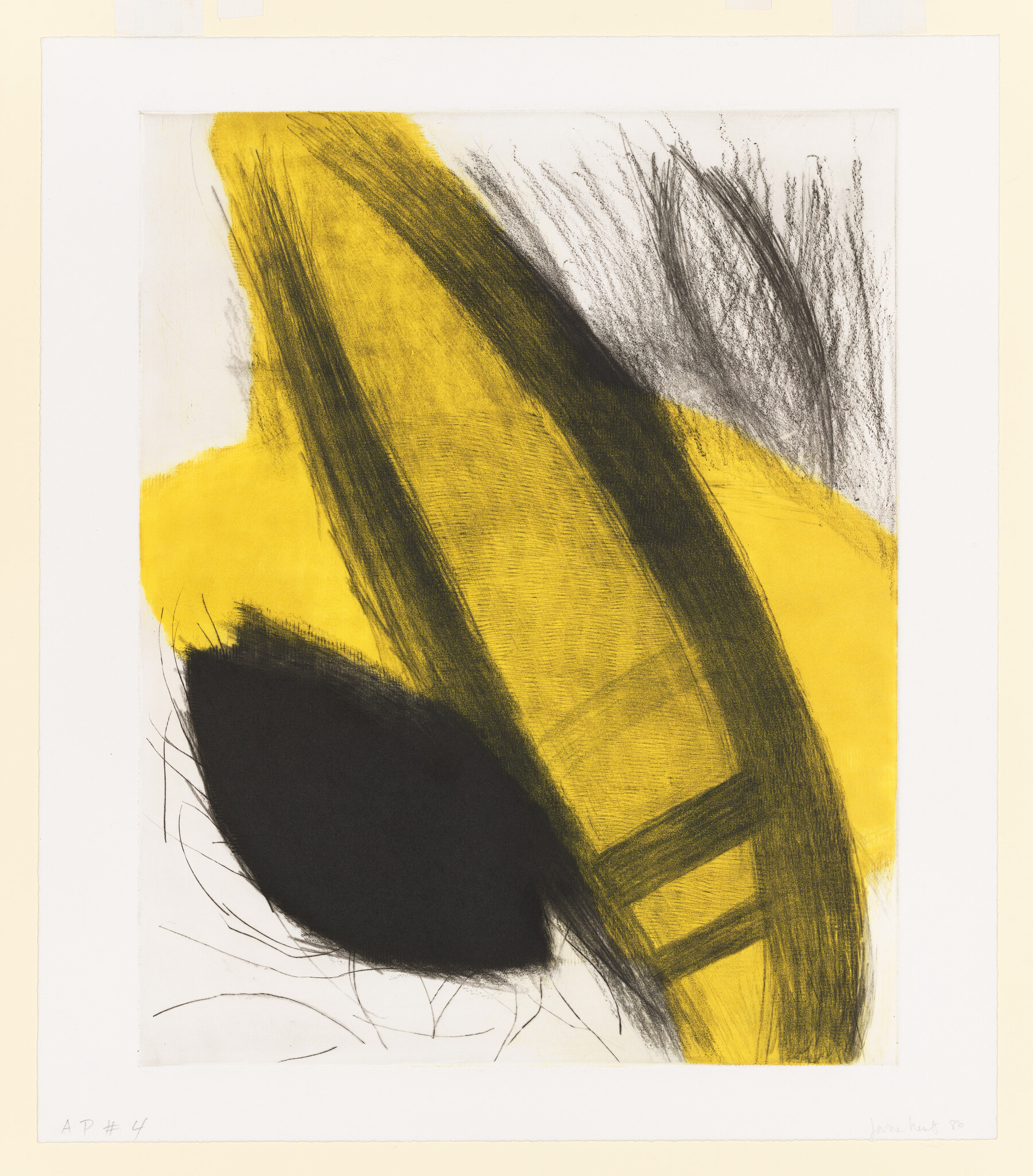 Bold yellow and black sweeping shapes with charcoal strokes create an energetic abstract composition.