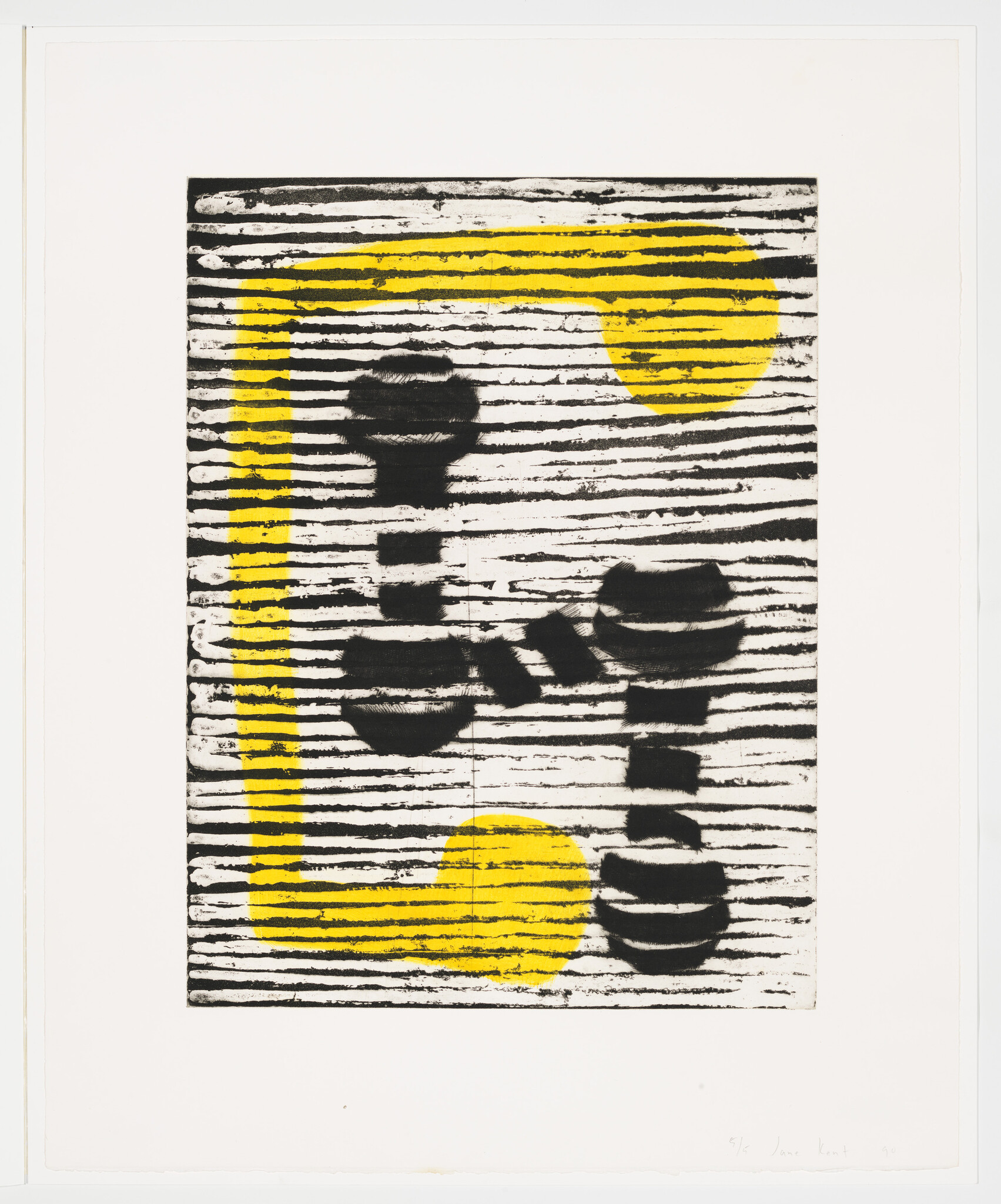 Abstract print with black horizontal stripes overlaid by a yellow rounded rectangle and circular shapes.