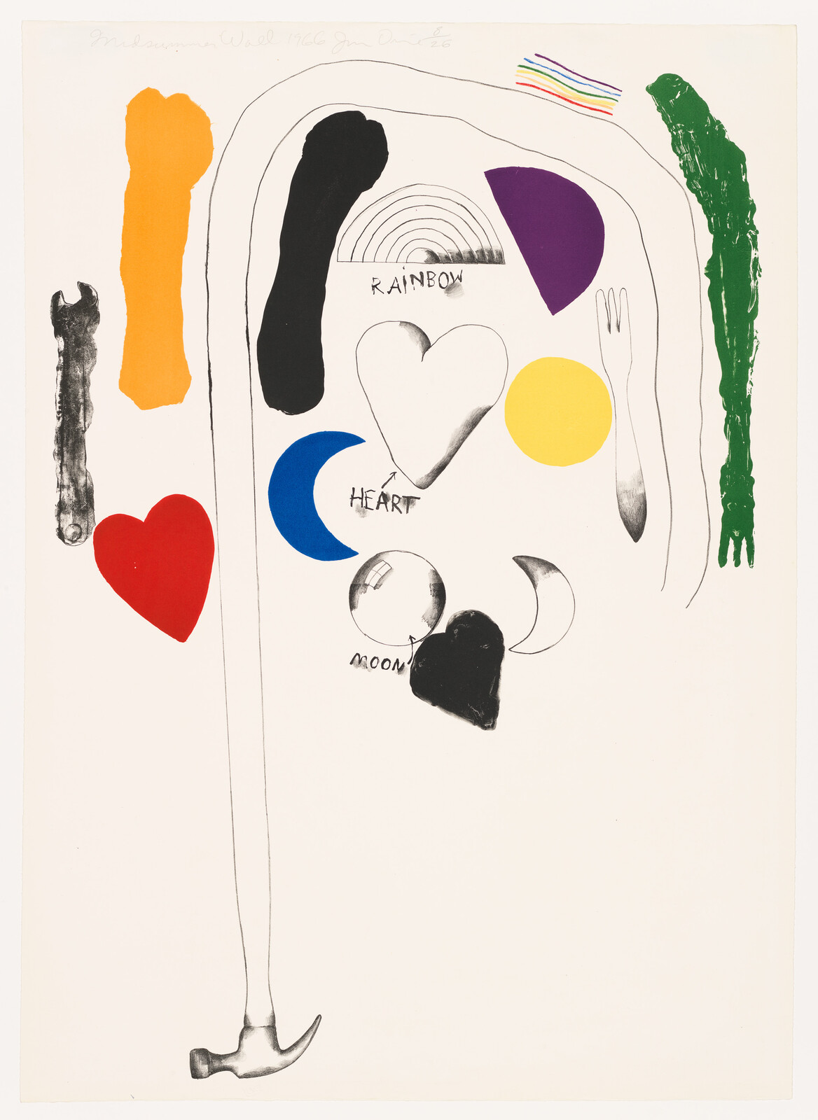 Various colorful shapes and labeled symbols like heart, moon, and rainbow surrounded by tools.