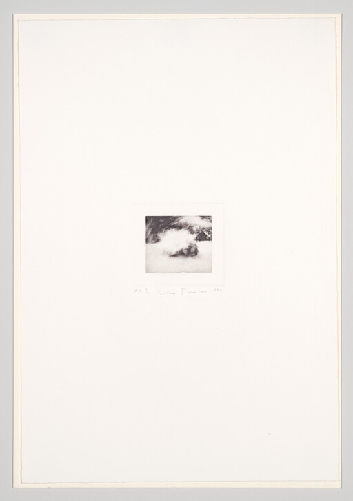 A small square black-and-white abstract print of a cloud centered on a large blank white page.