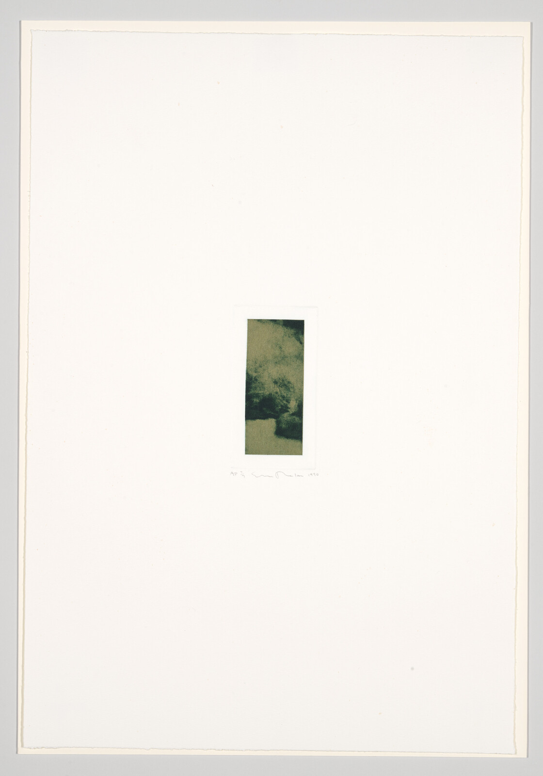 A small, centered, vertical rectangular image with a greenish landscape scene, surrounded by a large expanse of white space. There is a signature and date at the bottom left corner of the white space.