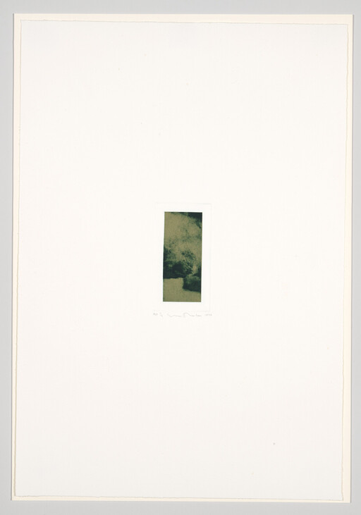 A small vertical green abstract print centered on a large white sheet of paper.