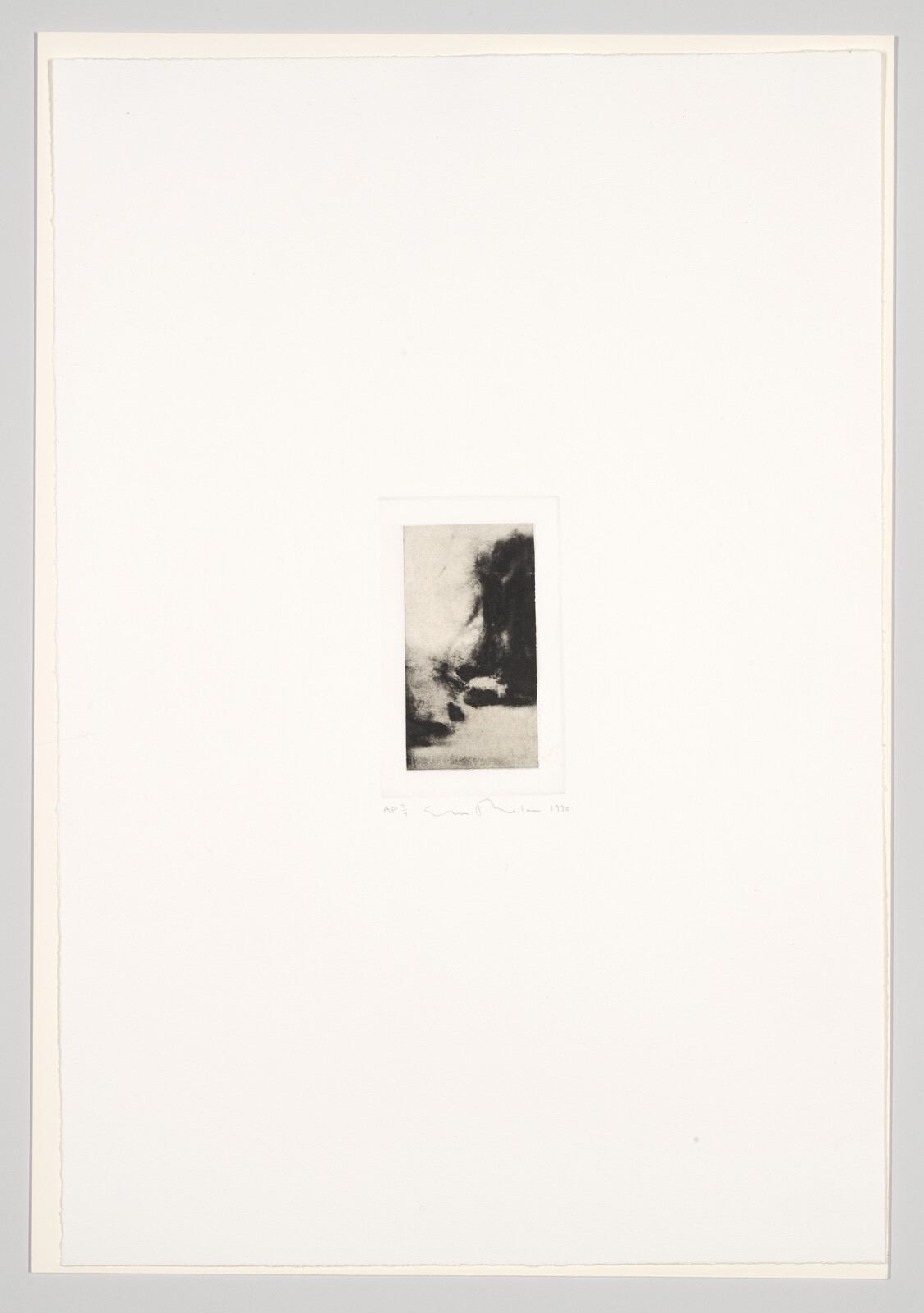 A small, abstract black and white etching centered on a large white paper background with artist's signature and edition number written in pencil below the image.