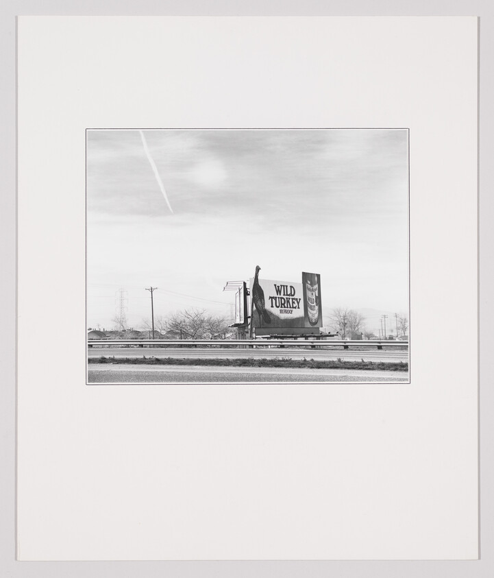 A roadside billboard advertising Wild Turkey whiskey beside a highway under a pale sky.