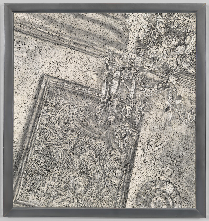 A textured monochrome artwork with abstract patterns and shapes, framed in a simple grey frame. The image features dynamic strokes and marks that create a sense of movement and depth.