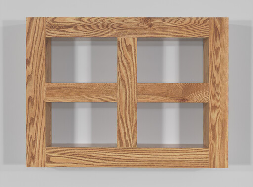 A wooden window frame with four empty panes mounted on a gray wall.
