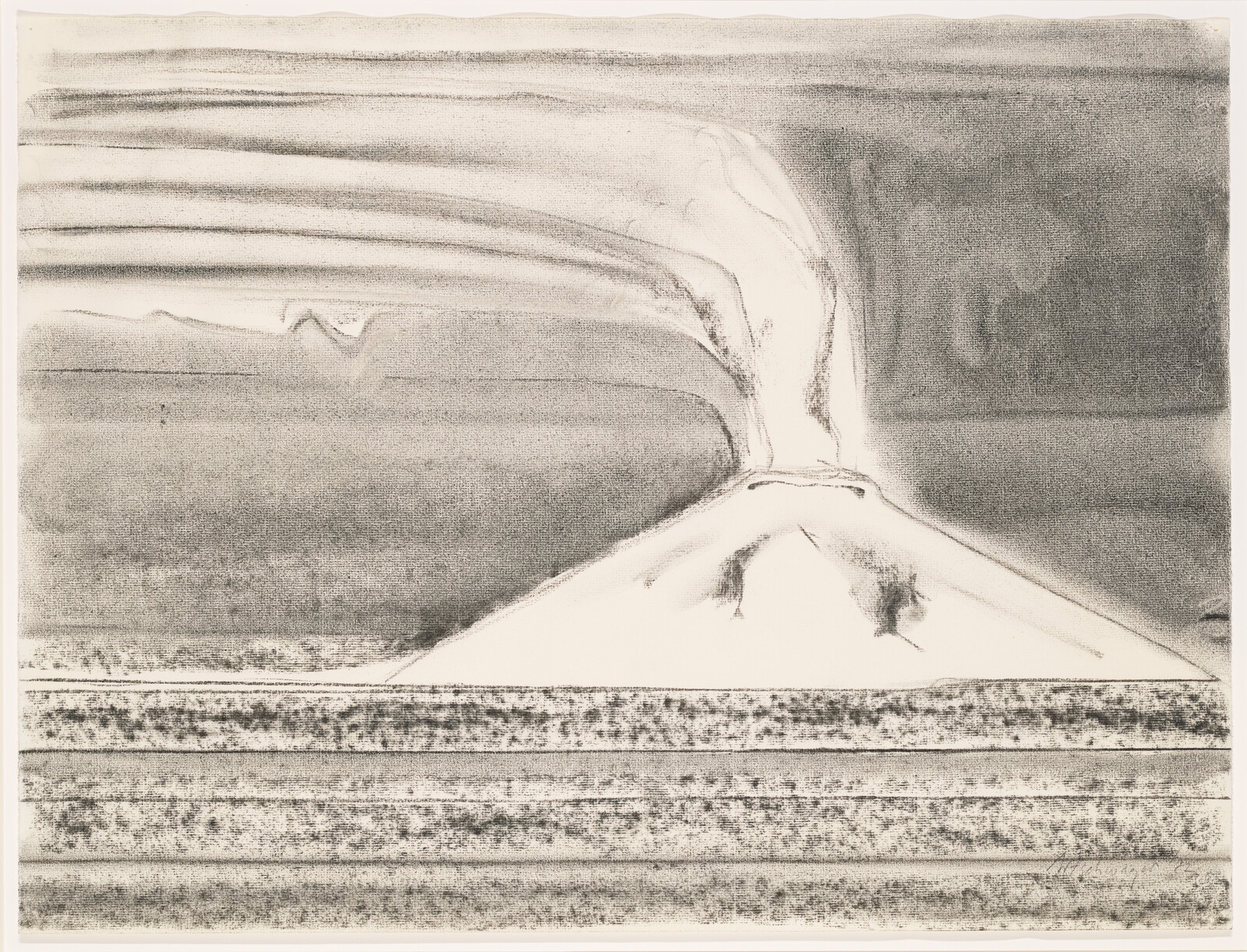 Pencil drawing of an abstract landscape with flowing lines and patterns suggesting fields, hills, and a central path leading towards a horizon under a sky with soft cloud-like textures.