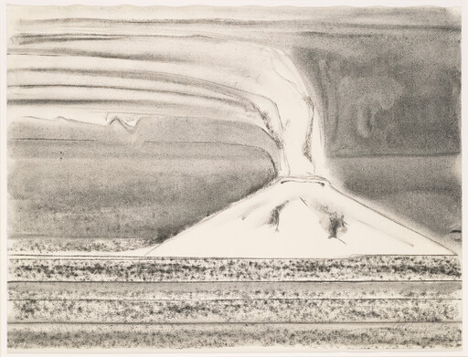 A charcoal drawing of a small volcano erupting, sending a plume of smoke over layered horizontal bands.